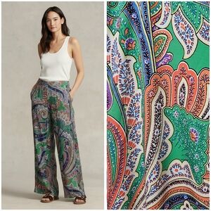 Lauren Ralph Lauren Green Paisley Wide Leg Pants Size 4 Boho Retro